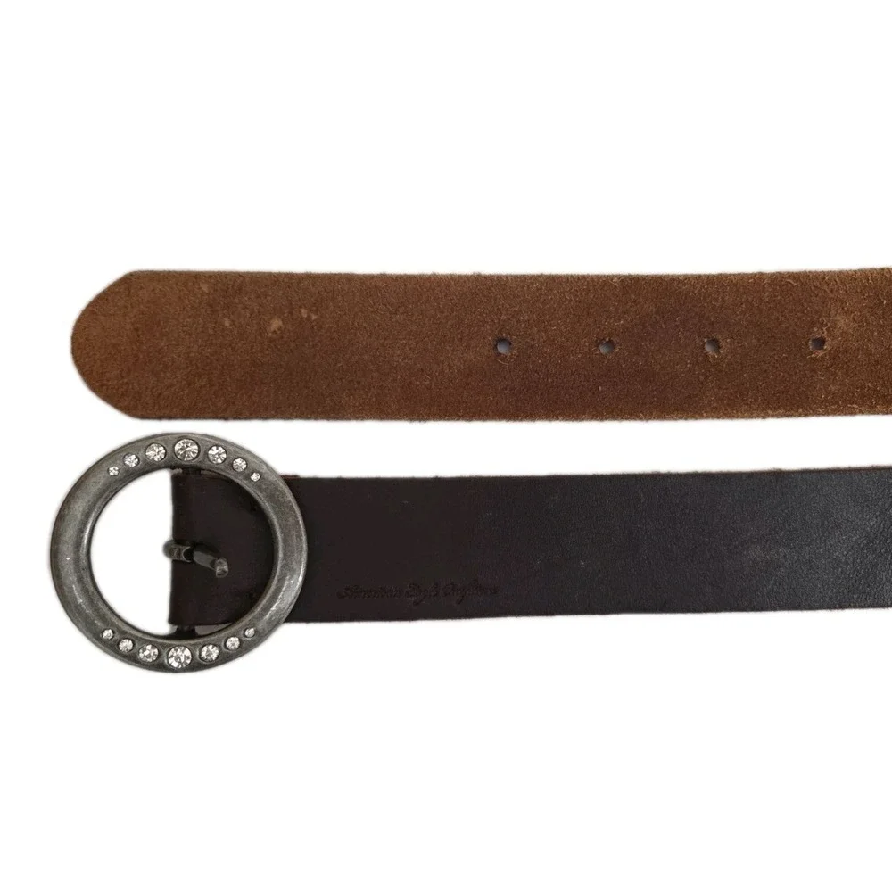 Rhinestones Y2K Belt Medium Leather Women's Genuine American Eagle Brown Silver